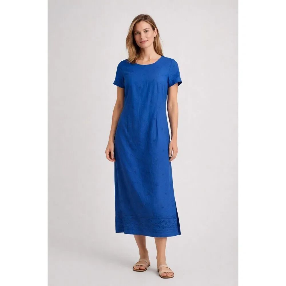 Talbots Linen Blend Blue Embroidered Midi Dress Coastal Summer Womens 8
